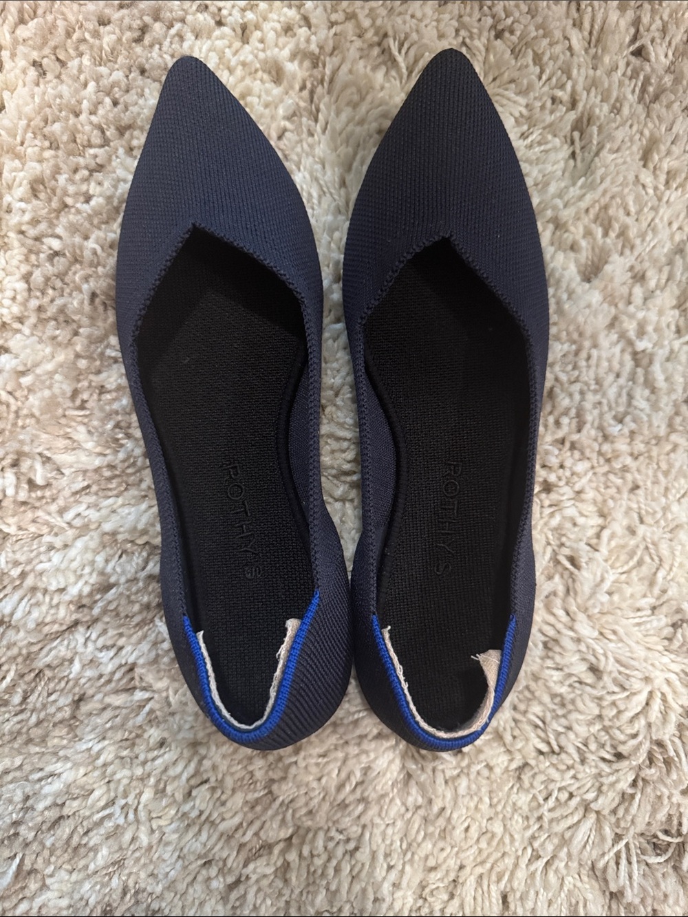 Rothy's Pointed Slip-On Flats in Navy with Blue Trim
